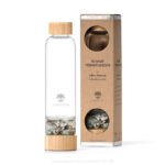 Glas Trinkflasche mit Kristallsteinen – Fluorit, Tigerauge